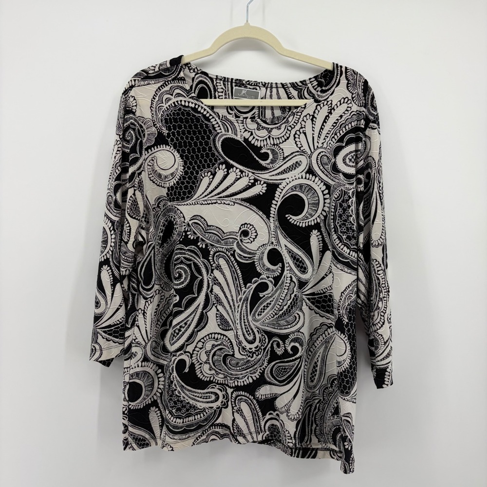 JM Collection Womens 1X Black Paisley 3/4 Sleeve Scoop Neck Blouse Textured